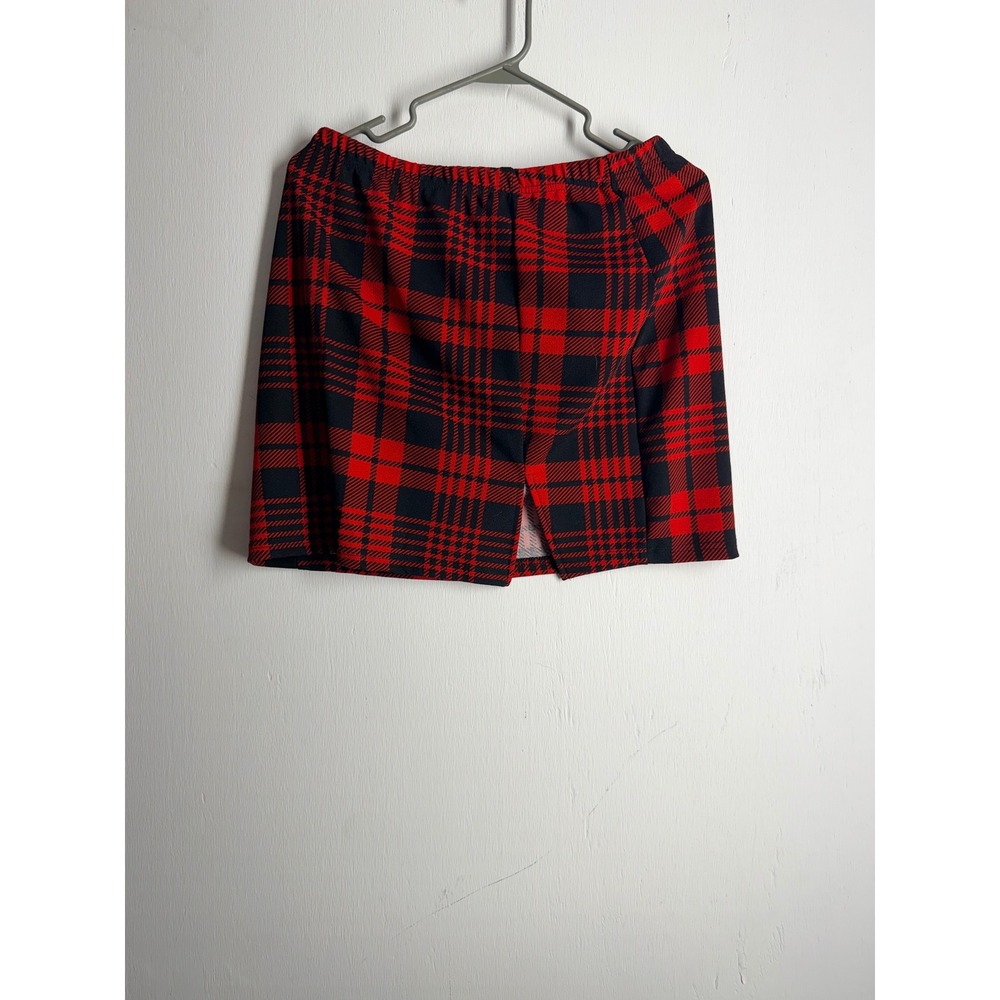 SHEIN Red Black Plaid Mini Skirt XL Schoolgirl Punk Tartan Elastic Waist Slit